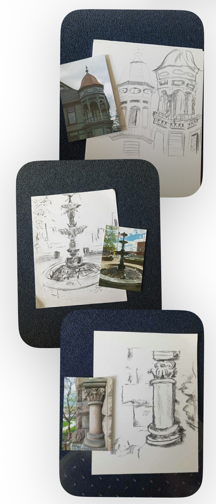 Three sketches with photos of the object