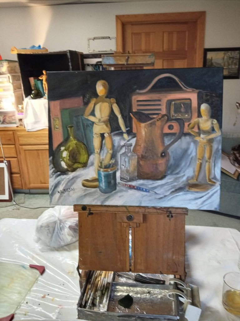 Still life of various objects in progress